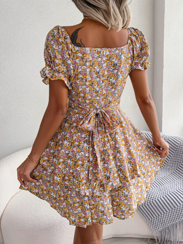 Women Mini Dress Temperament Big Swing Loose Hem Flower Print Shirring Dress Up Short Sleeves High Waist Summer Dress Clothes - Image 5