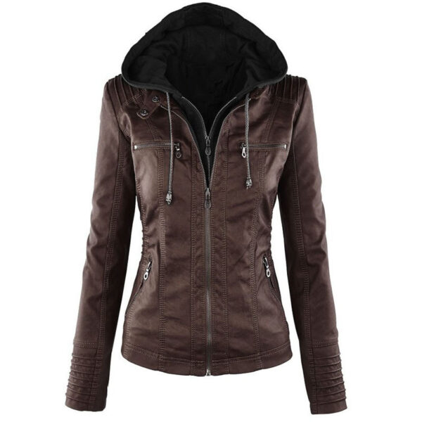 Fashion Detachable Hooded Jacket With Pockets Casual Solid Color Zipper Long Sleeve Leather Coat Autumn Winter Women's Clothing - Image 7