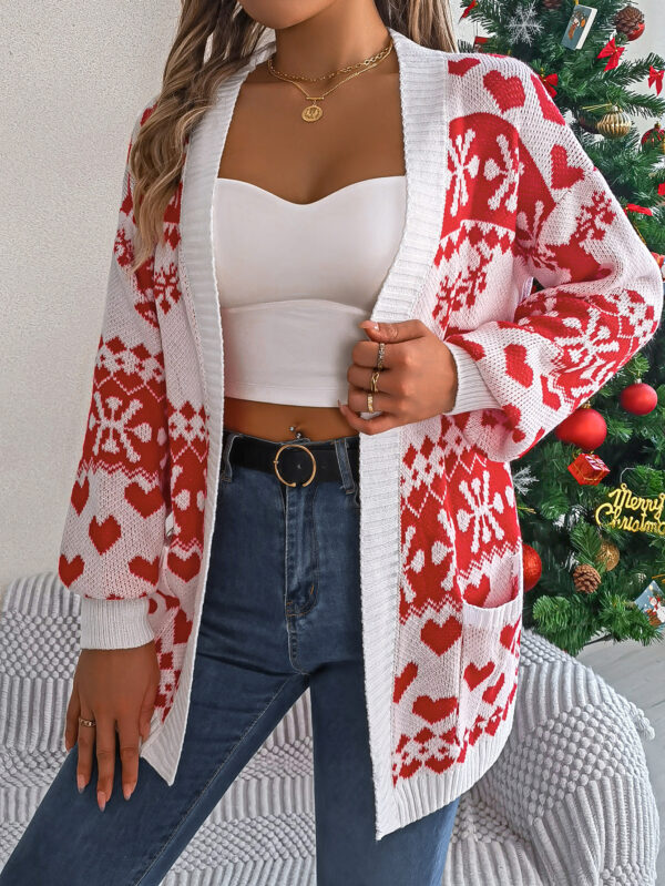 2024 Christmas Clothes Women's Open Front Cardigan Knitwear Lantern Sleeve Xmas Printed Oversized Deer Sweater Pockets Knitted - Image 6