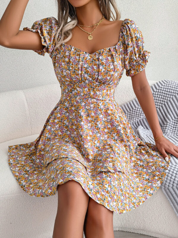 Women Mini Dress Temperament Big Swing Loose Hem Flower Print Shirring Dress Up Short Sleeves High Waist Summer Dress Clothes - Image 6