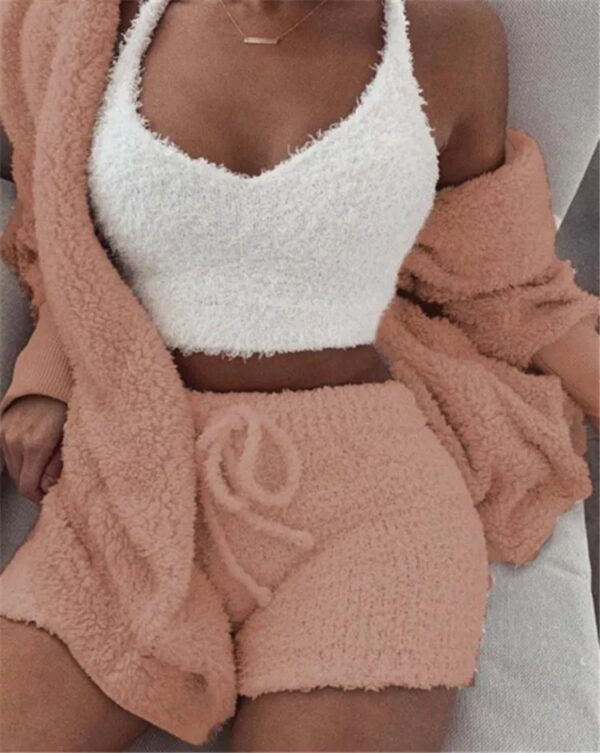 Winter Sexy Women Home Wear Suit Casual Pajamas Set Lady Female Soft Warm Long Sleeve Exposed Navel Vest Shorts Set - Image 7