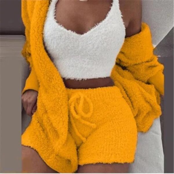 Winter Sexy Women Home Wear Suit Casual Pajamas Set Lady Female Soft Warm Long Sleeve Exposed Navel Vest Shorts Set - Image 3
