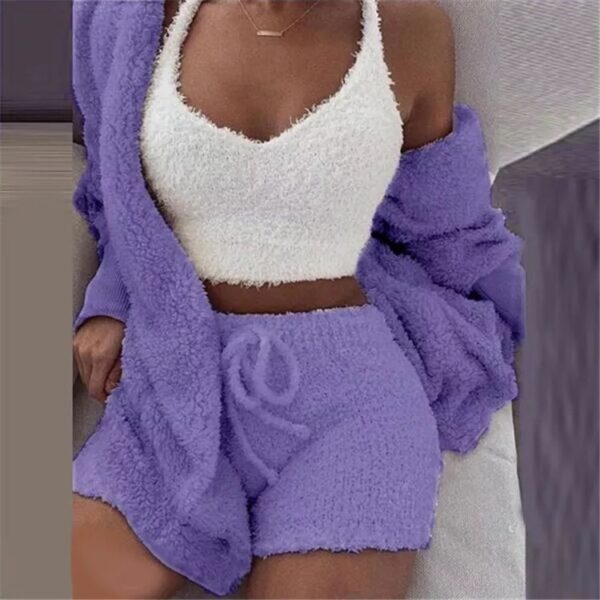 Winter Sexy Women Home Wear Suit Casual Pajamas Set Lady Female Soft Warm Long Sleeve Exposed Navel Vest Shorts Set - Image 5