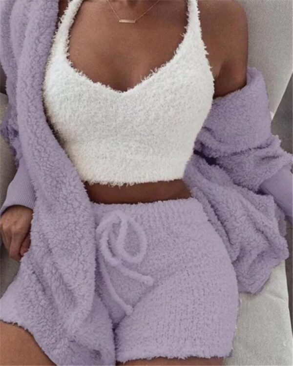 Winter Sexy Women Home Wear Suit Casual Pajamas Set Lady Female Soft Warm Long Sleeve Exposed Navel Vest Shorts Set - Image 10