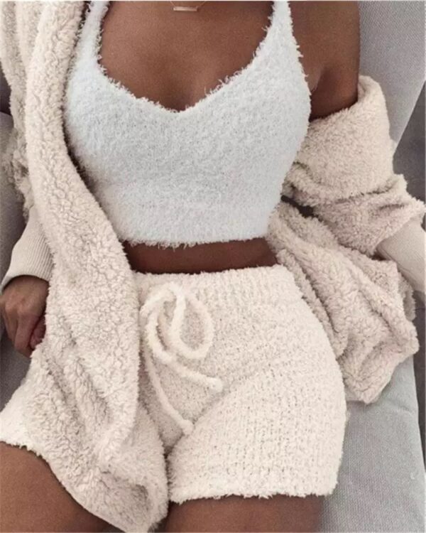 Winter Sexy Women Home Wear Suit Casual Pajamas Set Lady Female Soft Warm Long Sleeve Exposed Navel Vest Shorts Set - Image 6
