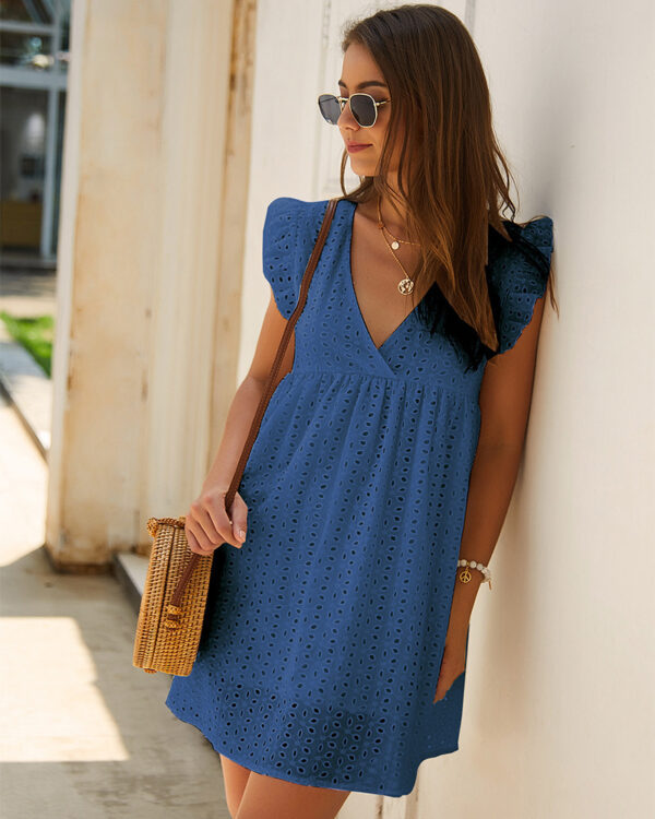 Summer V-neck Cotton Short Skirt Solid Color Dress - Image 3