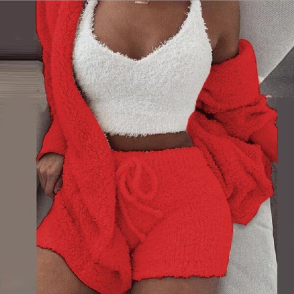 Winter Sexy Women Home Wear Suit Casual Pajamas Set Lady Female Soft Warm Long Sleeve Exposed Navel Vest Shorts Set - Image 4