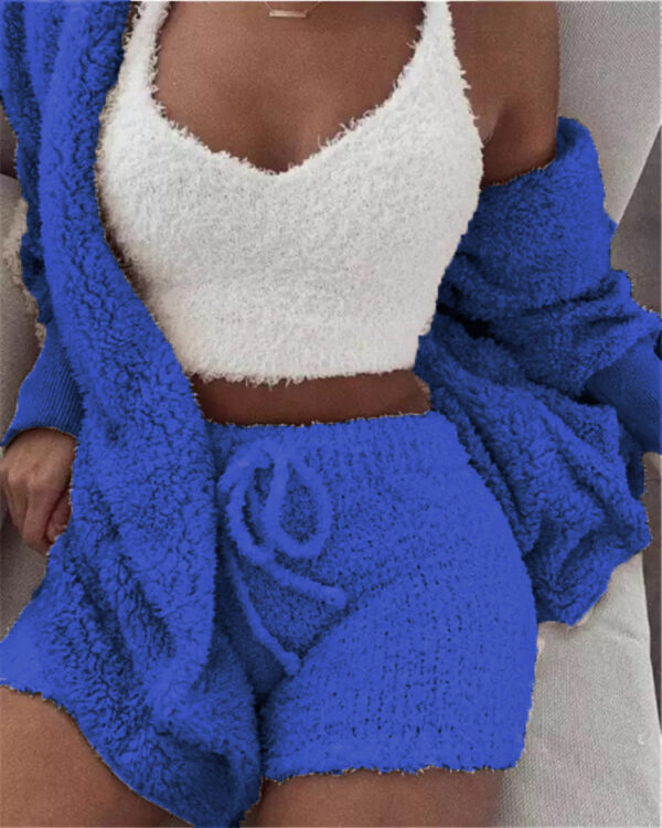 Winter Sexy Women Home Wear Suit Casual Pajamas Set Lady Female Soft Warm Long Sleeve Exposed Navel Vest Shorts Set - Image 9