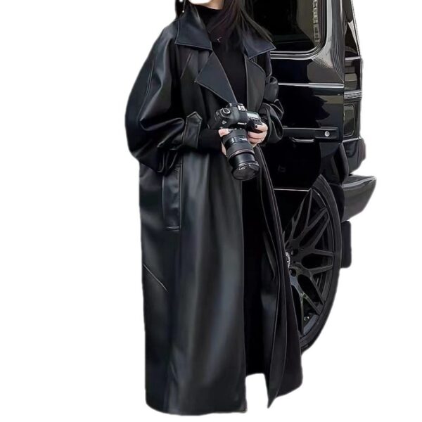 Women's Fashionable Temperament Long Knee Length PU Leather Coat - Image 3