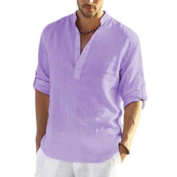 Men's Casual Cotton Linen Solid Color Long Sleeve Shirt Loose Stand Collar - Image 9