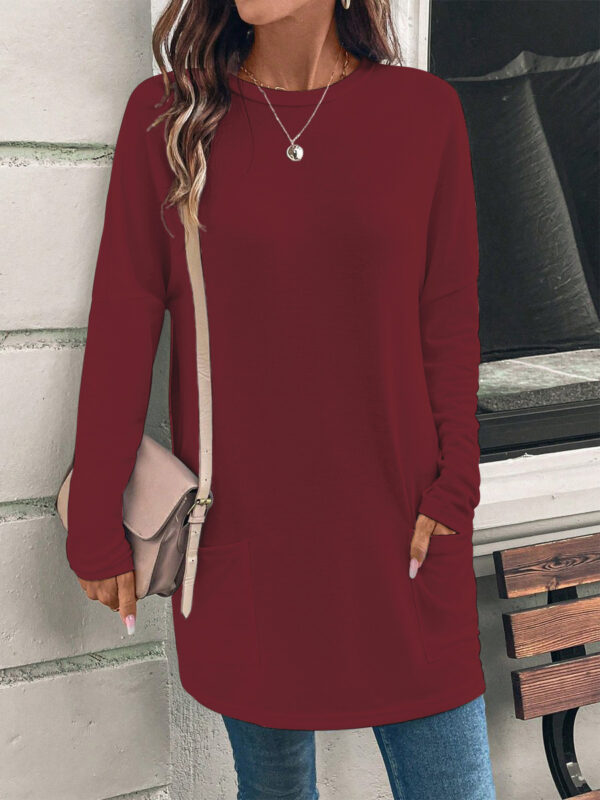 Women's Solid Color Long Sleeve Loose Round Neck Pocket Top T-shirt - Image 4