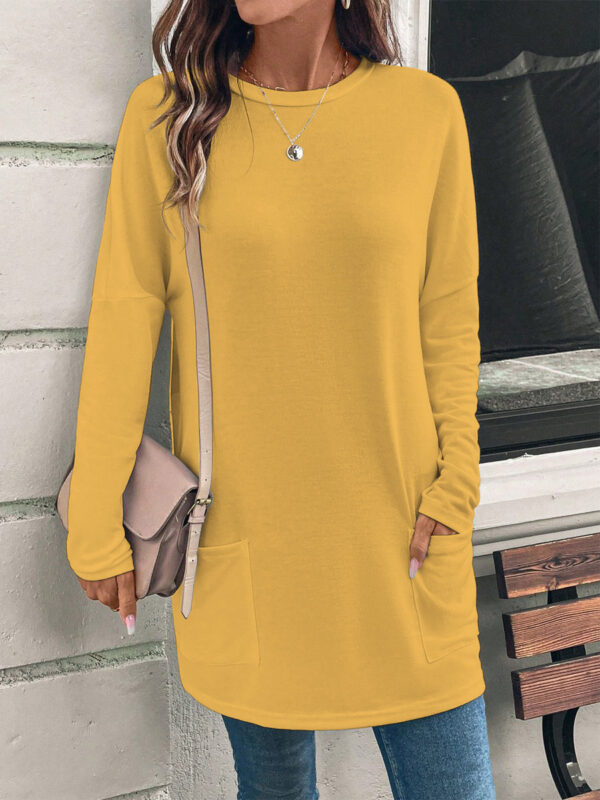 Women's Solid Color Long Sleeve Loose Round Neck Pocket Top T-shirt - Image 7