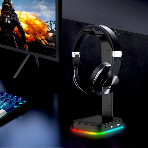 Desktop Gamer 2 In 1 RGB Headphone Stand Power Strip Desk Gaming Headset Holder With 2 USB Charging Earphone Hanger - Image 6