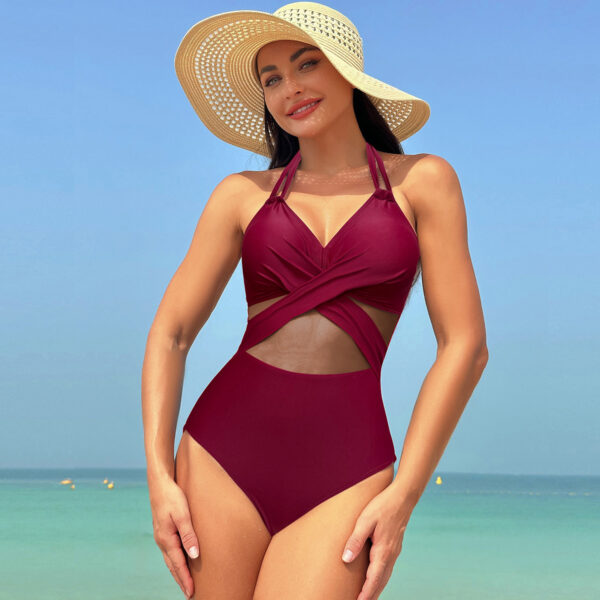 Halter-neck One-piece Swimsuit Summer Solid Color Cross-strap Design Mesh Bikini Beach Vacation Womens Clothing - Image 7