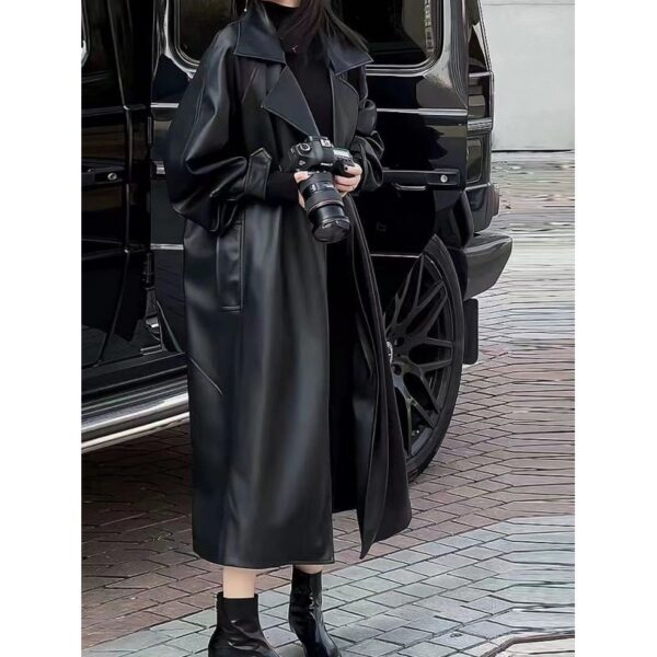 Women's Fashionable Temperament Long Knee Length PU Leather Coat - Image 5