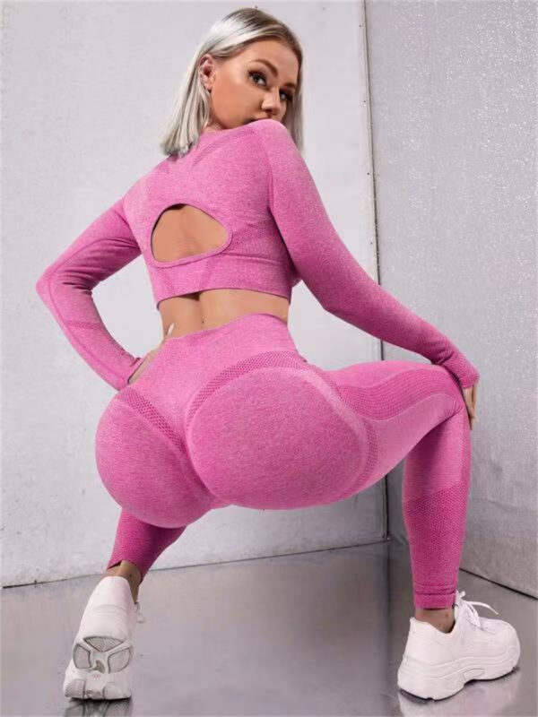 2pcs Sports Suits Long Sleeve Hollow Design Tops And Butt Lifting High Waist Seamless Fitness Leggings Sports Gym Sportswear Outfits Clothing - Image 4