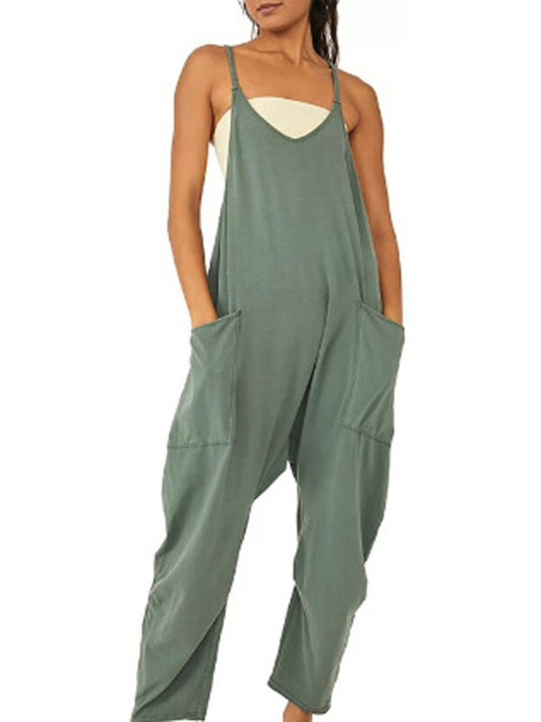 Summer Women's Loose Sleeveless Jumpsuits Spaghetti Strap Long Pant Romper Jumpsuit With Pockets Zipper - Image 9