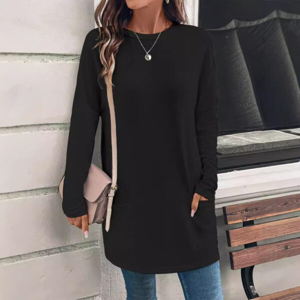 Women's Solid Color Long Sleeve Loose Round Neck Pocket Top T-shirt - Image 5