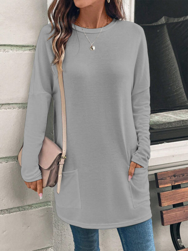 Women's Solid Color Long Sleeve Loose Round Neck Pocket Top T-shirt - Image 8