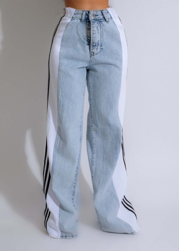 2024 Fashion Casual High Waist Elastic Straight Leg Trousers Three Stripe Patchwork Denim Wide Leg Pants Streetwear - Image 9