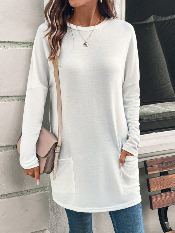 Women's Solid Color Long Sleeve Loose Round Neck Pocket Top T-shirt - Image 10