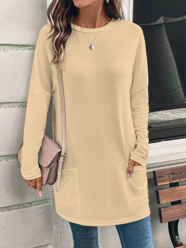 Women's Solid Color Long Sleeve Loose Round Neck Pocket Top T-shirt - Image 2