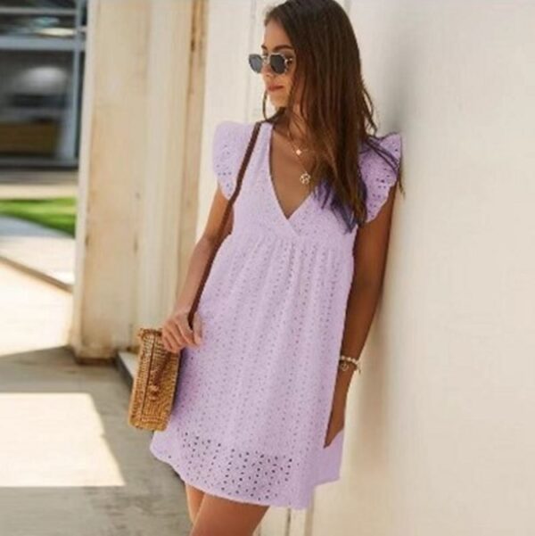 Summer V-neck Cotton Short Skirt Solid Color Dress - Image 2