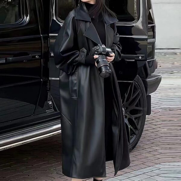 Women's Fashionable Temperament Long Knee Length PU Leather Coat - Image 7