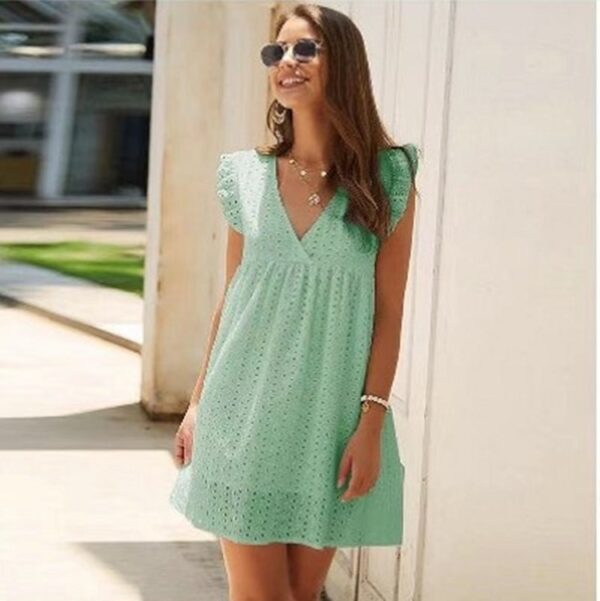 Summer V-neck Cotton Short Skirt Solid Color Dress - Image 6