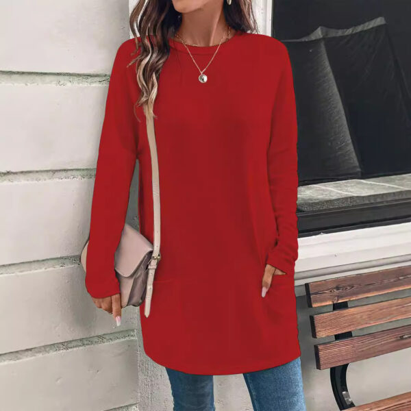 Women's Solid Color Long Sleeve Loose Round Neck Pocket Top T-shirt - Image 6