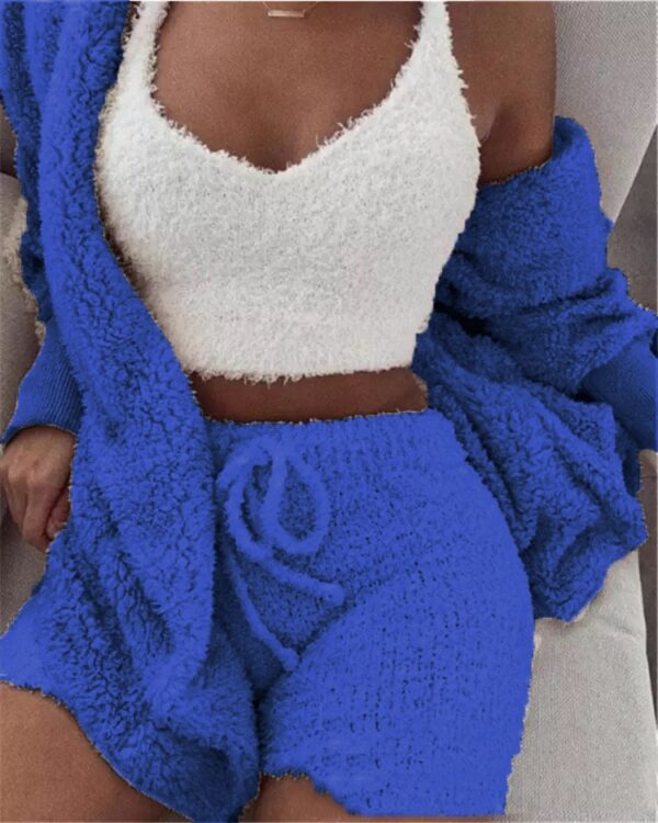 Winter Sexy Women Home Wear Suit Casual Pajamas Set Lady Female Soft Warm Long Sleeve Exposed Navel Vest Shorts Set - Image 2