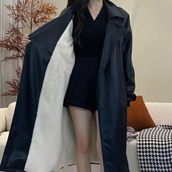 Women's Fashionable Temperament Long Knee Length PU Leather Coat - Image 4
