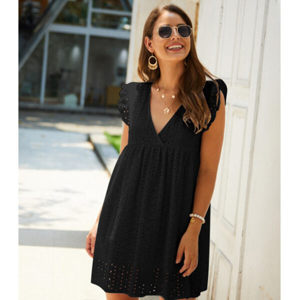 Summer V-neck Cotton Short Skirt Solid Color Dress - Image 7