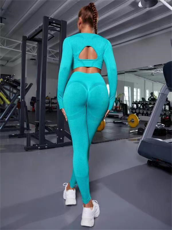 2pcs Sports Suits Long Sleeve Hollow Design Tops And Butt Lifting High Waist Seamless Fitness Leggings Sports Gym Sportswear Outfits Clothing - Image 3