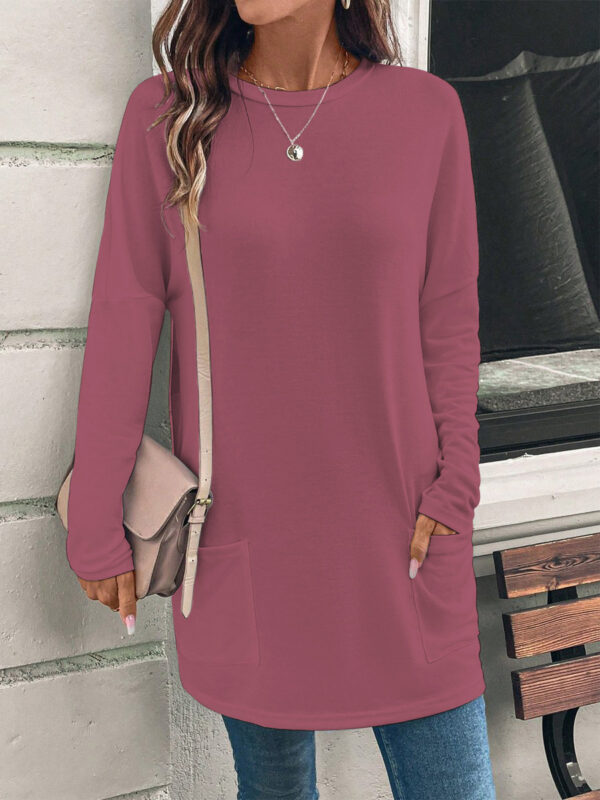 Women's Solid Color Long Sleeve Loose Round Neck Pocket Top T-shirt - Image 3