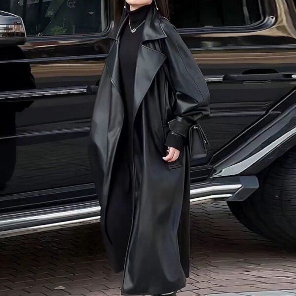 Women's Fashionable Temperament Long Knee Length PU Leather Coat - Image 2